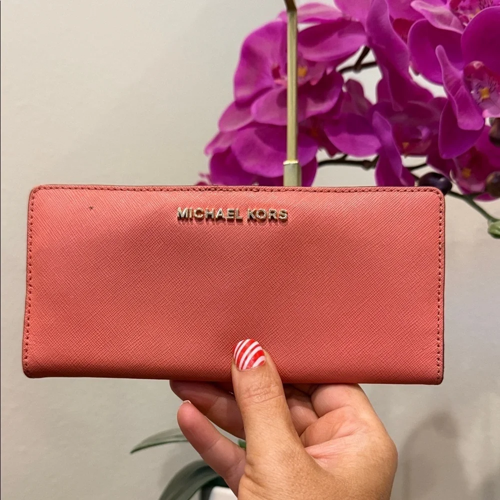 Michael Kors Pink Wallet Coral orange card holder wallet MK designer clutch